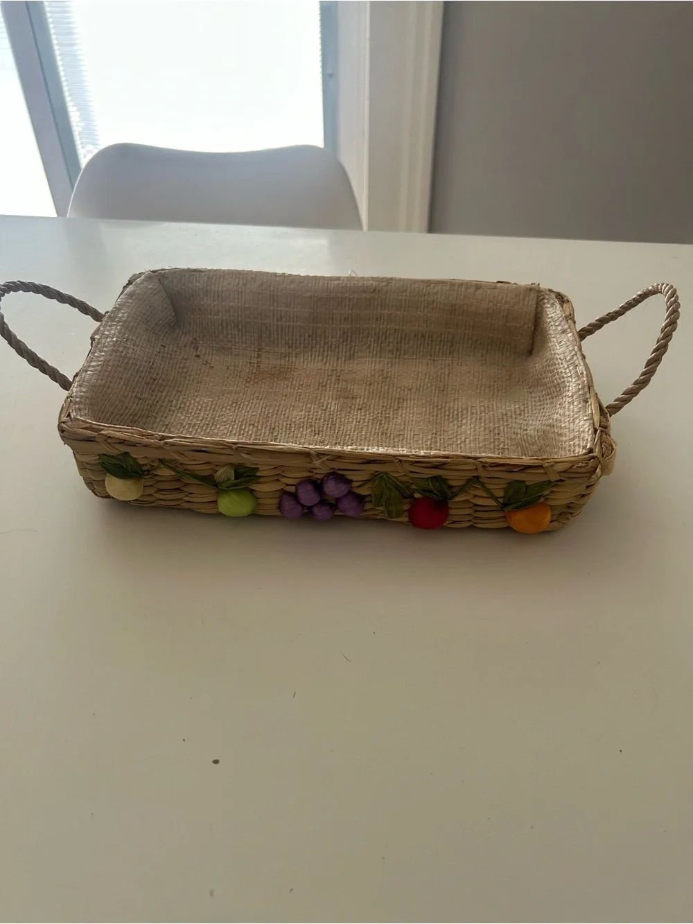 Vintage hand Woven Fruit Accent Serving Tray casserole carrier in Natural Beige